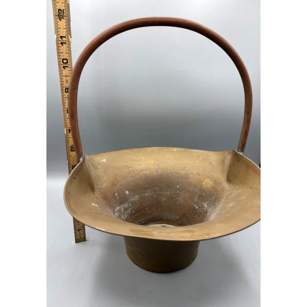 Vtg Brass Basket Planter Copper Handle Decorative‎ Rustic
